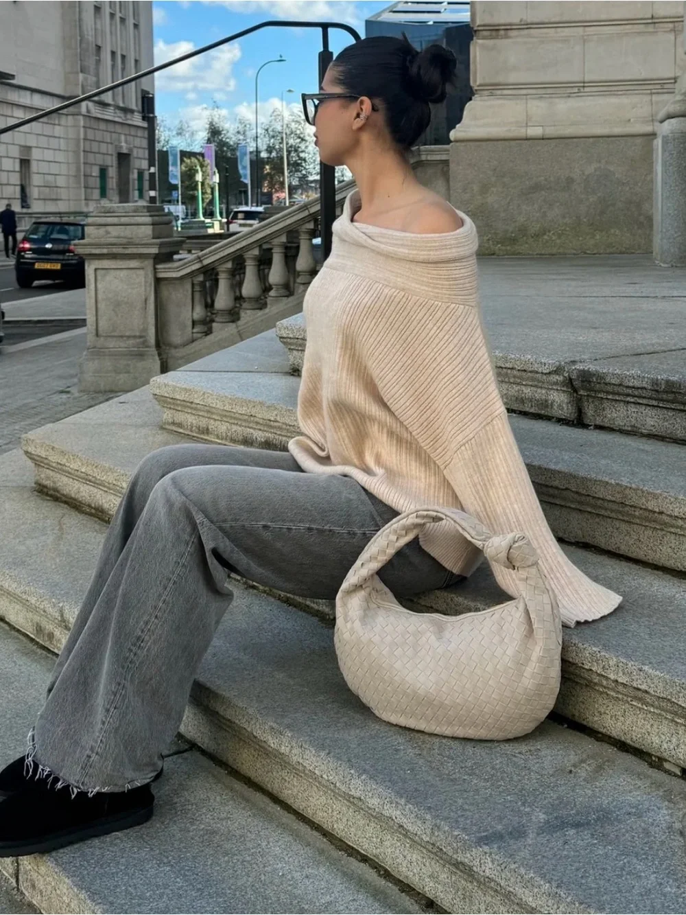 Off-the-Shoulder Ribbed Sweater in Light Beige